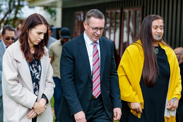 Prime Minister Jacinda Ardern, Vice-Chancellor Neil Quigley and Te Puhi Ariki Ngāwai hono i te po Paki together at the ground breaking ceremony for The Pā.