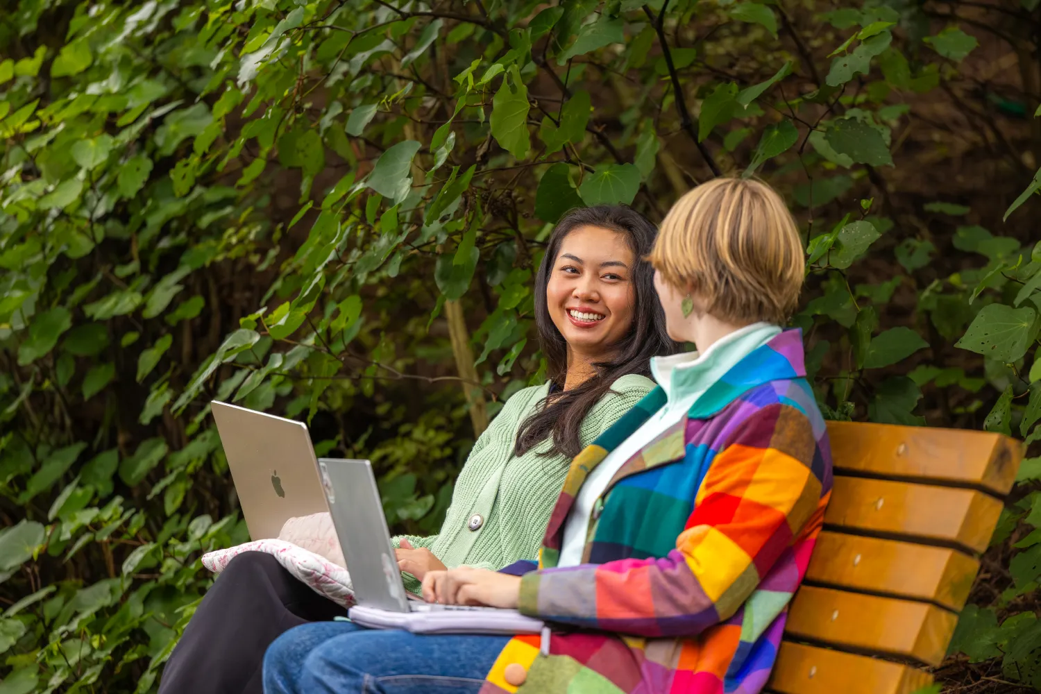 students talking on seat in the fernery