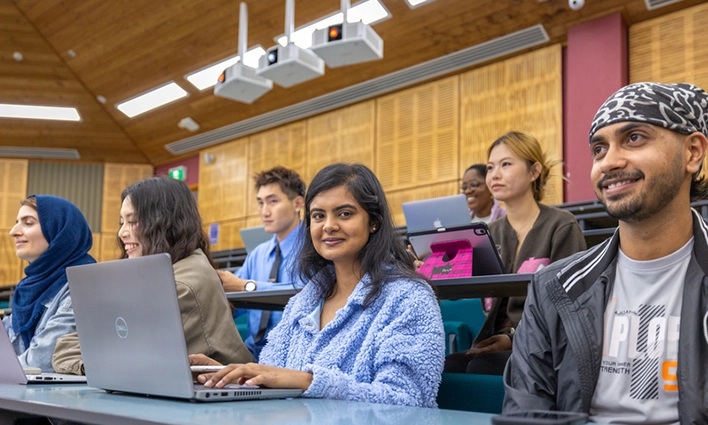 Group of international students in a Hamilton lecture theatre